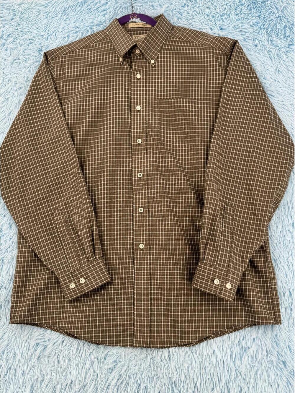 L.L. Bean Men's Wrinkle Resistant Button Down Shirt Brown-White Plaid Cotton L